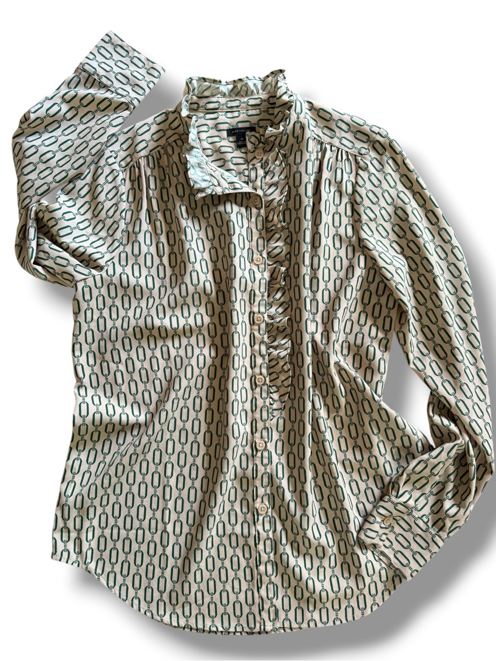 ANN TAYLOR Ruffle Neck Button-Up Blouse, Khaki, Green Chain Pattern, Medium Tall